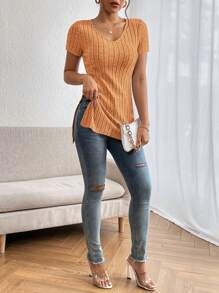 SHEIN Essnce Áo thun nữ Chia Gân đan màu trơn Giải trí - trái cam - Xem 5