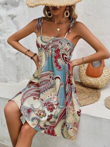 SHEIN VCAY Paisley Print Tie Shoulder Cami Dress - Multicolor - View 5
