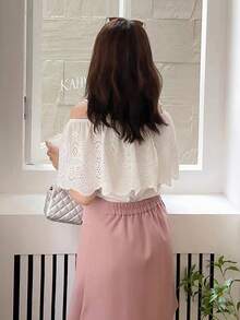 Solid Ruffle Trim Eyelet Embroidery Blouse - White - View 2