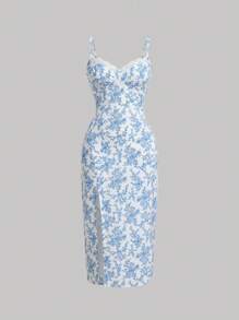 SHEIN MOD Floral Print Split Thigh Cami Dress - Blue and White - View 1