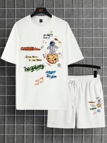 Manfinity Hypemode Áo thun tay ngắn họa tiết hoạt hình và khẩu hiệu rộng rãi cho nam và quần short có dây rút ở eo, vui nhộn, quà tặng bạn trai - trắng - Xem 2