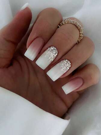 24pcs Long Square Glitter Fake Nail & 1sheet Tape & 1pc Nail File