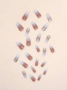 24入組長款方形金屬亮絲假指甲和1張膠帶和1件指甲銼 - 彩色 - 查看 4