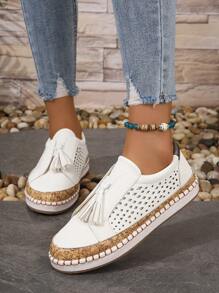 運動板鞋適用於女士流蘇裝飾一腳蹬運動鞋 - 白色 - 查看 3