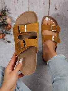 度假包趾涼鞋仿麂皮搭扣裝飾平底涼鞋 - 黃色 - 查看 1