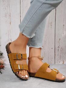 度假包趾涼鞋仿麂皮搭扣裝飾平底涼鞋 - 黃色 - 查看 2