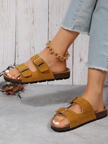 度假包趾涼鞋仿麂皮搭扣裝飾平底涼鞋 - 黃色 - 查看 3