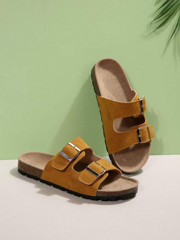 度假包趾涼鞋仿麂皮搭扣裝飾平底涼鞋 - 黃色 - 查看 5