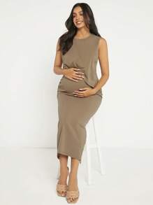 SHEIN 孕婦素色後背開衩哺乳洋裝 - 摩卡棕 - 查看 5