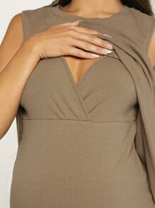 SHEIN 孕婦素色後背開衩哺乳洋裝 - 摩卡棕 - 查看 8