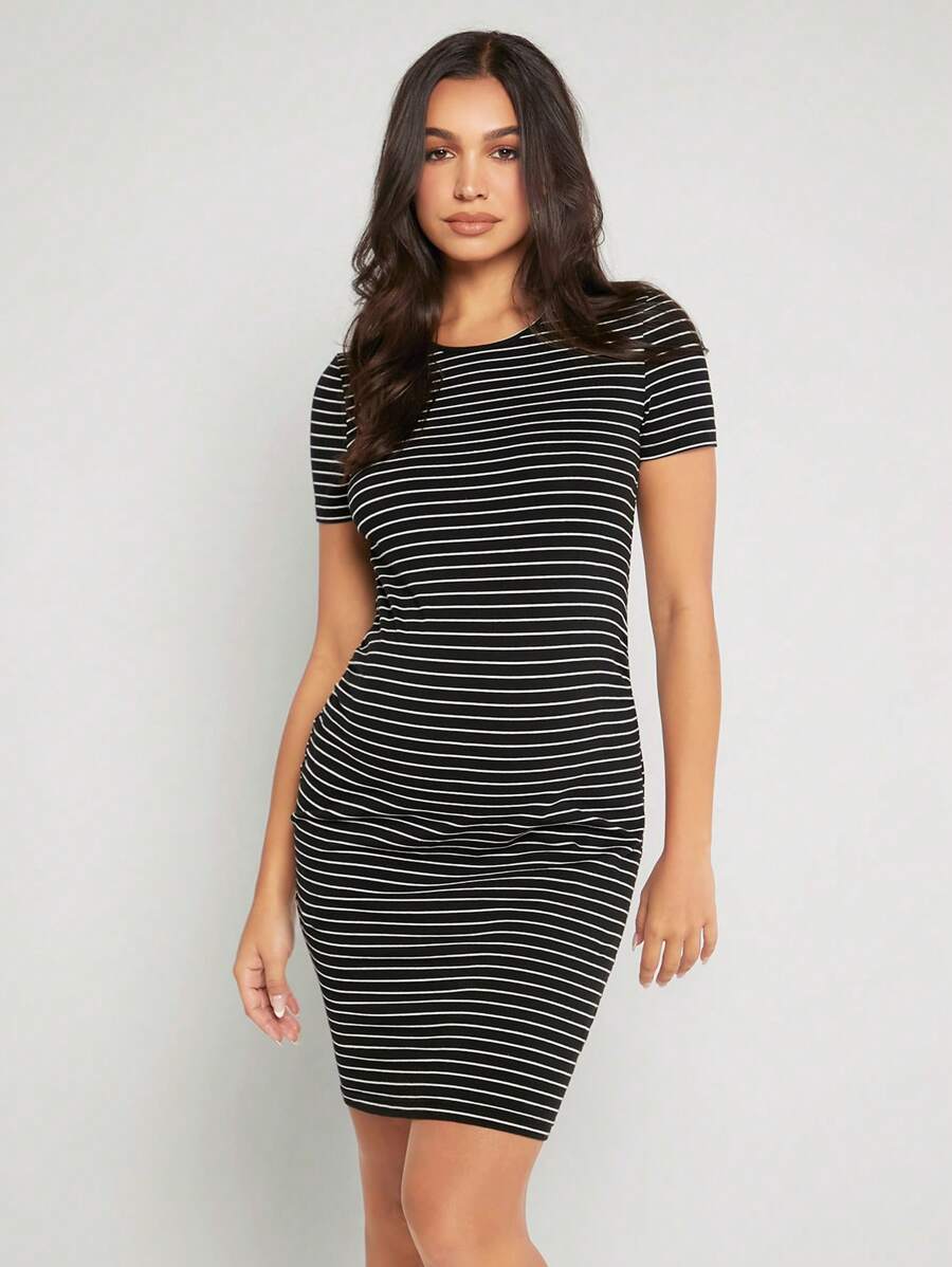 SHEIN Maternity Striped Print Bodycon Dress - Black - View 1
