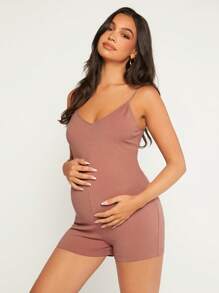 SHEIN Maternidad Mono de tirantes tejido de canalé - Marrón - Ver 3