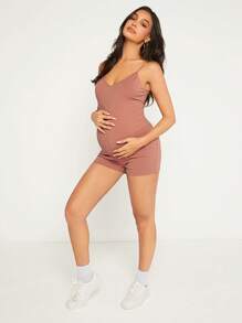 SHEIN Maternidad Mono de tirantes tejido de canalé - Marrón - Ver 5