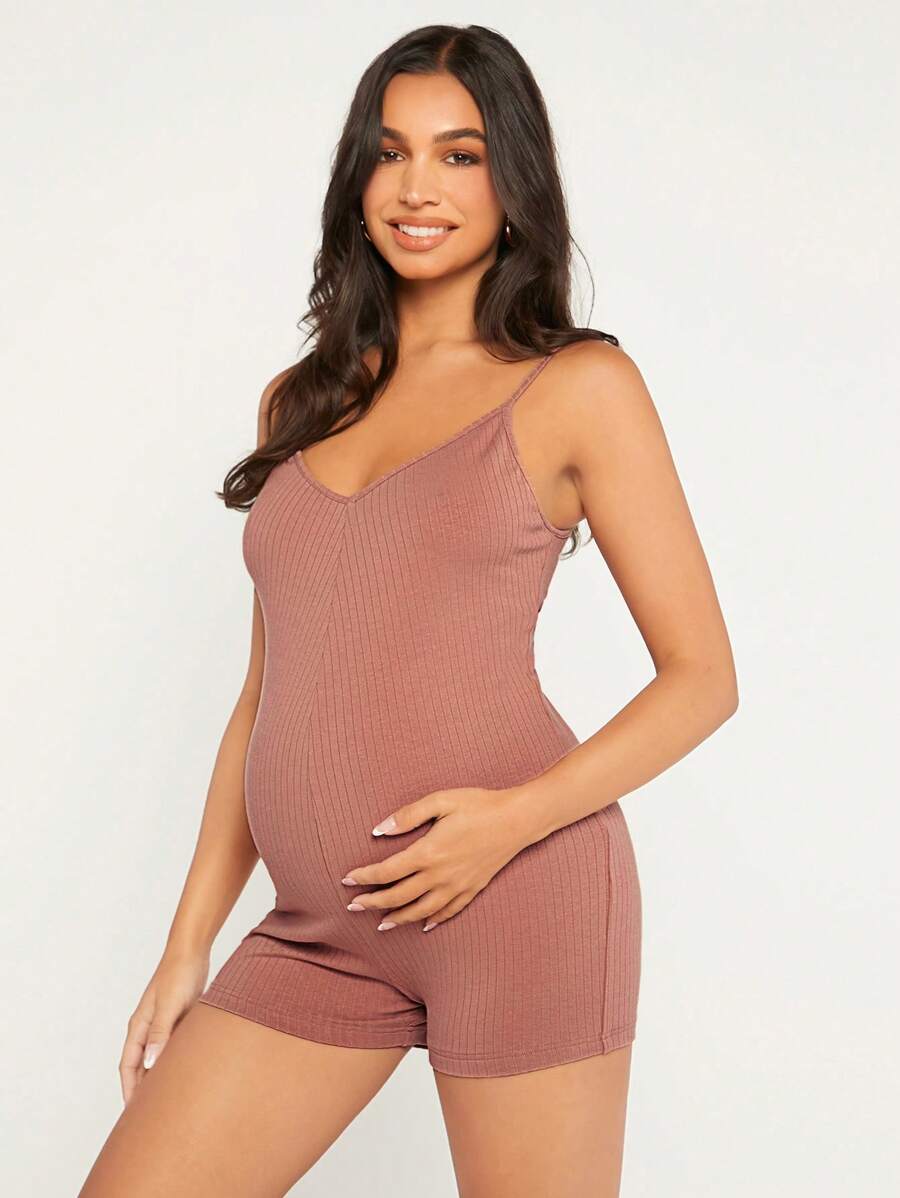 SHEIN Maternidad Mono de tirantes tejido de canalé - Marrón - Ver 1