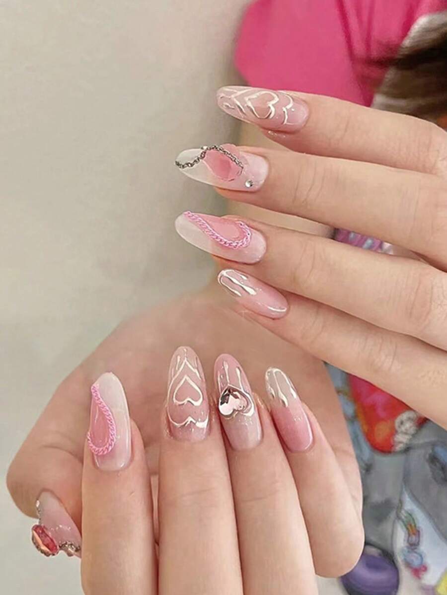 24pcs Long Almond Rhinestone Decor Fake Nail & 1sheet Tape & 1pc Nail File - Baby Pink - View 1