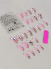 24pcs Long Almond Rhinestone Decor Fake Nail & 1sheet Tape & 1pc Nail File - Baby Pink - View 2