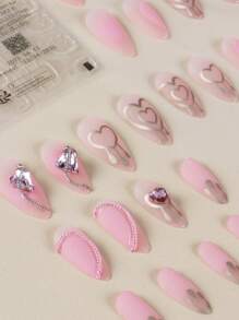 24pcs Long Almond Rhinestone Decor Fake Nail & 1sheet Tape & 1pc Nail File - Baby Pink - View 3