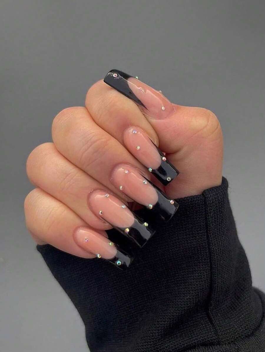 24 chiếc móng tay giả đính đá hình quan tài dài & 1 tờ băng dính & 1 chiếc giũa móng tay, dụng cụ làm móng, dụng cụ bấm móng tay - Nhiều màu - Xem 1