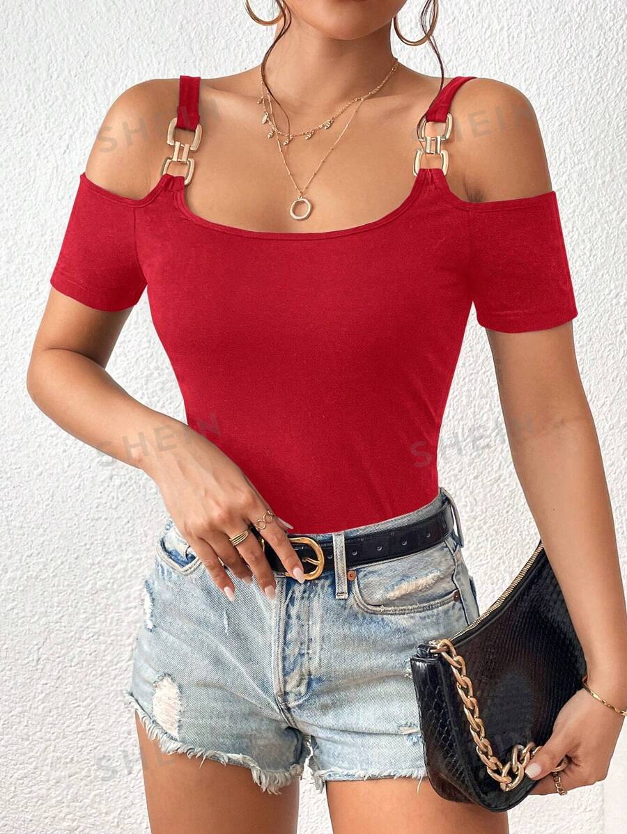 SHEIN Privé Camiseta unicolor de hombros descubiertos vinculado con aro