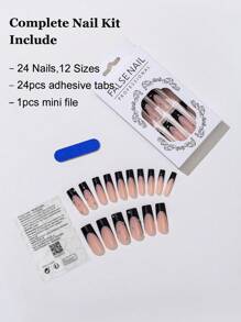 24 chiếc móng tay giả đính đá hình quan tài dài & 1 tờ băng dính & 1 chiếc giũa móng tay, dụng cụ làm móng, dụng cụ bấm móng tay - Nhiều màu - Xem 2