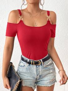 SHEIN Privé Camiseta unicolor de hombros descubiertos vinculado con aro