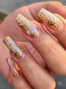 24pcs Long Coffin Rhinestone Decor Fake Nail - Multicolor - View 1