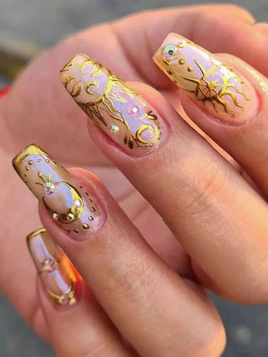 24pcs Long Coffin Rhinestone Decor Fake Nail - Multicolor - View 1