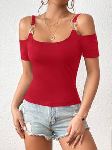 SHEIN Privé Camiseta unicolor de hombros descubiertos vinculado con aro