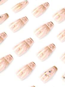 24pcs Long Coffin Rhinestone Decor Fake Nail - Multicolor - View 3