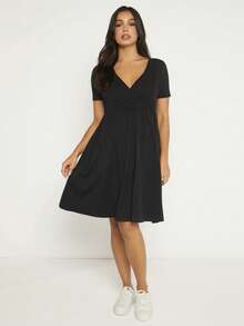 SHEIN Maternity Solid Surplice Neck Dress - Black - View 4