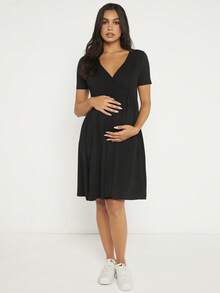 SHEIN Maternity Solid Surplice Neck Dress - Black - View 6