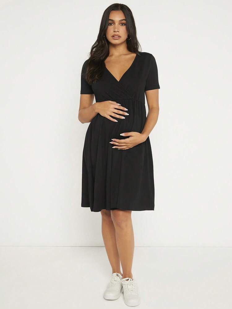 SHEIN 孕婦素色交疊領洋裝 - 黑色 - 查看 6