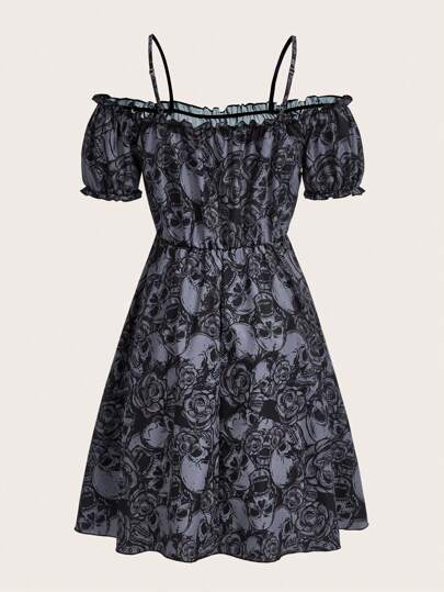 Goth Robe Imprimé Tête De Mort À Épaules Dénudées À Plis