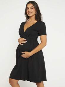 SHEIN Maternity Solid Surplice Neck Dress - Black - View 7