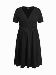 SHEIN Maternity Solid Surplice Neck Dress - Black - View 8
