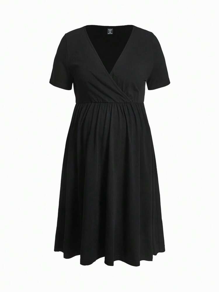 SHEIN 孕婦素色交疊領洋裝 - 黑色 - 查看 8