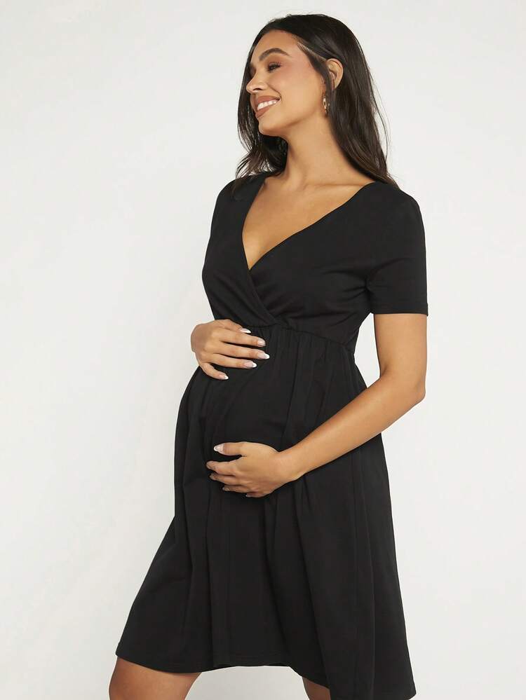 SHEIN 孕婦素色交疊領洋裝 - 黑色 - 查看 9