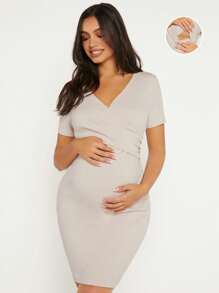 SHEIN Maternity Solid Wrap Cross Bodycon Dress - Beige - View 1