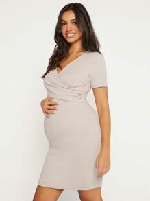 SHEIN Maternity Solid Wrap Cross Bodycon Dress - Beige - View 5