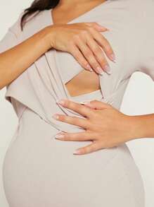 SHEIN Maternity Solid Wrap Cross Bodycon Dress - Beige - View 6