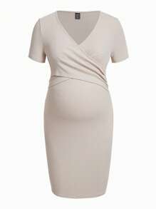 SHEIN Maternity Solid Wrap Cross Bodycon Dress - Beige - View 8