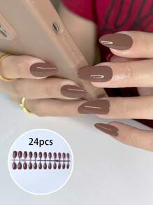 24 Chiếc Dài Hạnh Nhân Chắc Chắn Móng Tay Giả & 1 Tấm Băng & 1 Dũa Móng Tay Ấn Vào Móng Tay Đồ Dùng Làm Móng - Rỉ Nâu - Xem 1