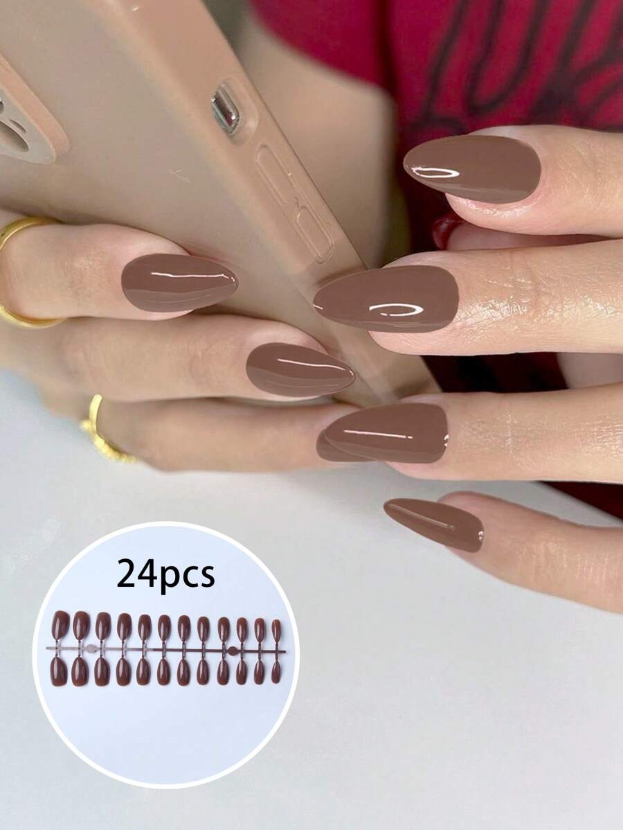 24 Chiếc Dài Hạnh Nhân Chắc Chắn Móng Tay Giả & 1 Tấm Băng & 1 Dũa Móng Tay Ấn Vào Móng Tay Đồ Dùng Làm Móng - Rỉ Nâu - Xem 1