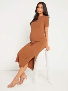 SHEIN Maternity Solid Split Thigh Dress - Brown - View 3