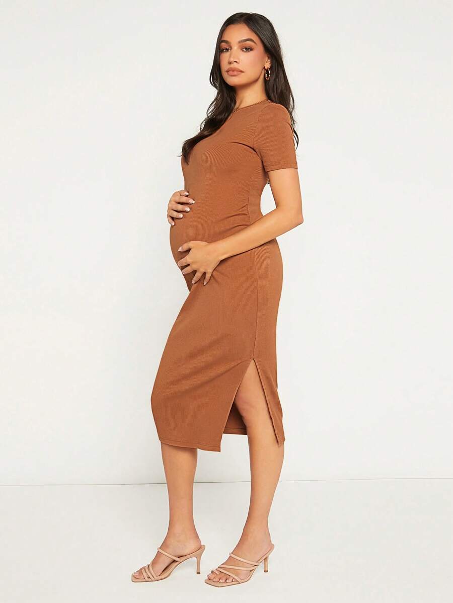 SHEIN Maternity Solid Split Thigh Dress - Brown - View 1