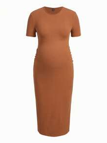 SHEIN Maternity Solid Split Thigh Dress - Brown - View 5