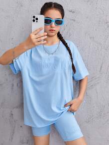 SHEIN Leap Crew Teen Girls Letter Pattern Drop Shoulder Tee & Cycling Shorts - Baby Blue - View 1