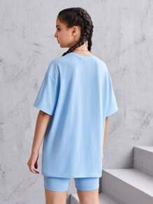 SHEIN Leap Crew Teen Girls Letter Pattern Drop Shoulder Tee & Cycling Shorts - Baby Blue - View 2