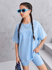 SHEIN Leap Crew Teen Girls Letter Pattern Drop Shoulder Tee & Cycling Shorts - Baby Blue - View 3