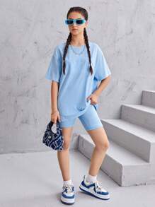 SHEIN Leap Crew Teen Girls Letter Pattern Drop Shoulder Tee & Cycling Shorts - Baby Blue - View 4